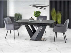 Mesa de comedor contemporánea extensible SHIELD gris y negra con pata central