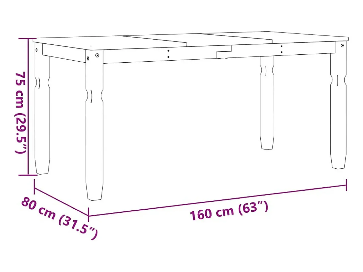 Mesa de comedor Corona madera maciza de pino 160x80x75 cm