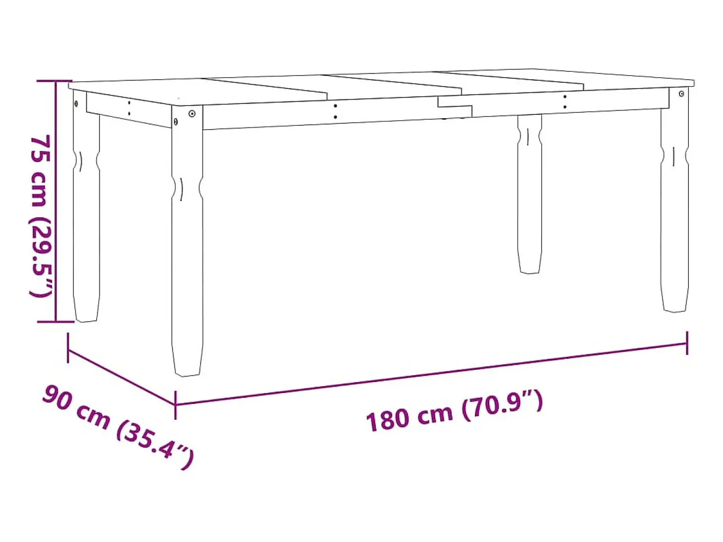 Mesa de comedor Corona madera maciza de pino 180x90x75 cm