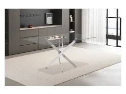 Mesa de comedor CRISTELIA – 160x90 cm – Tablero de cristal – Patas de metal cromado – Diseño elegante y luminoso