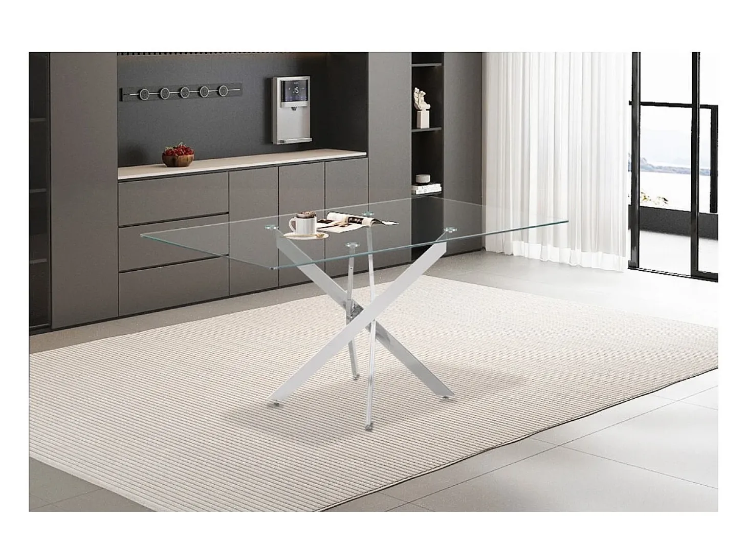 Mesa de comedor CRISTELIA – 160x90 cm – Tablero de cristal – Patas de metal cromado – Diseño elegante y luminoso