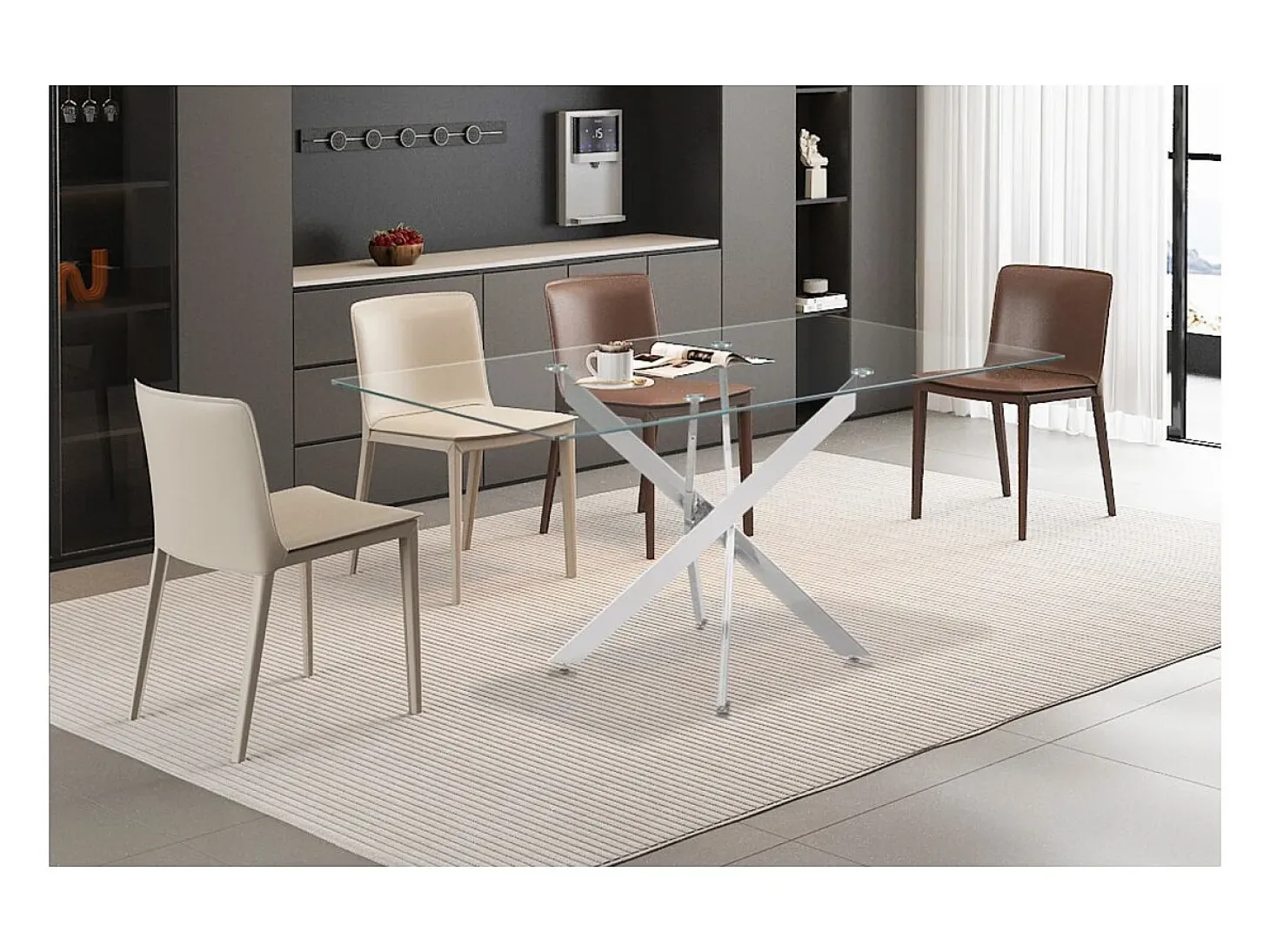 Mesa de comedor CRISTELIA – 160x90 cm – Tablero de cristal – Patas de metal cromado – Diseño elegante y luminoso