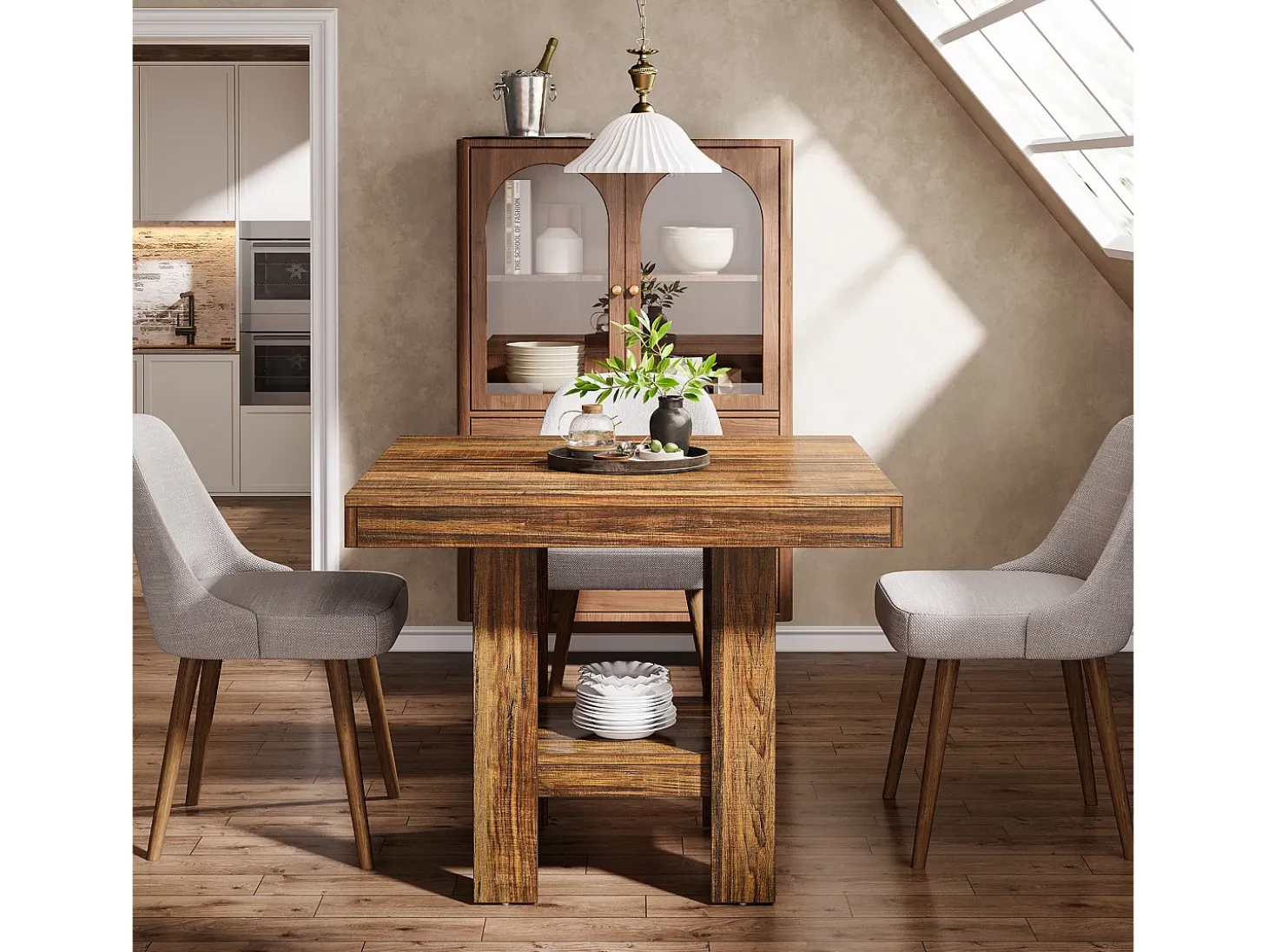 Mesa de comedor cuadrada para 4 personas, mesa de cocina pequeña con estante de almacenamiento, mueble de comedor compacto para apartamentos