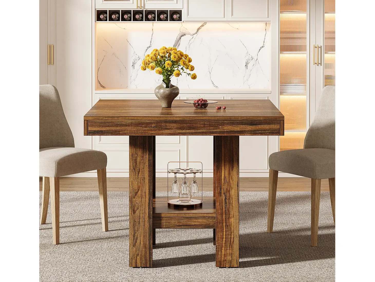 Mesa de comedor cuadrada para 4 personas, mesa de cocina pequeña con estante de almacenamiento, mueble de comedor compacto para apartamentos