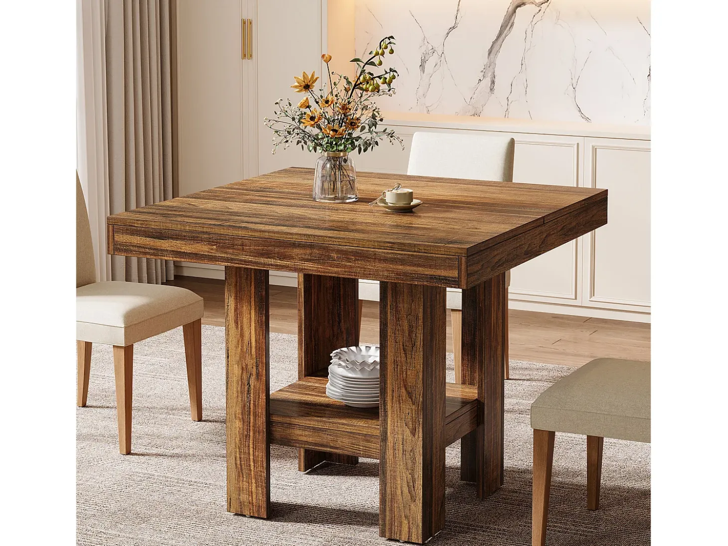 Mesa de comedor cuadrada para 4 personas, mesa de cocina pequeña con estante de almacenamiento, mueble de comedor compacto para apartamentos