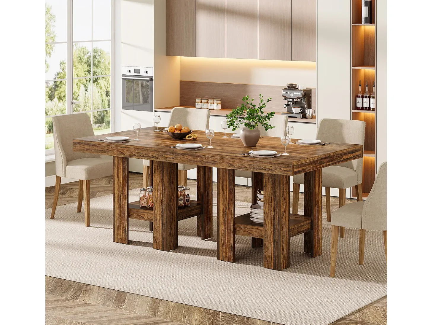 Mesa de comedor cuadrada para 4 personas, mesa de cocina pequeña con estante de almacenamiento, mueble de comedor compacto para apartamentos