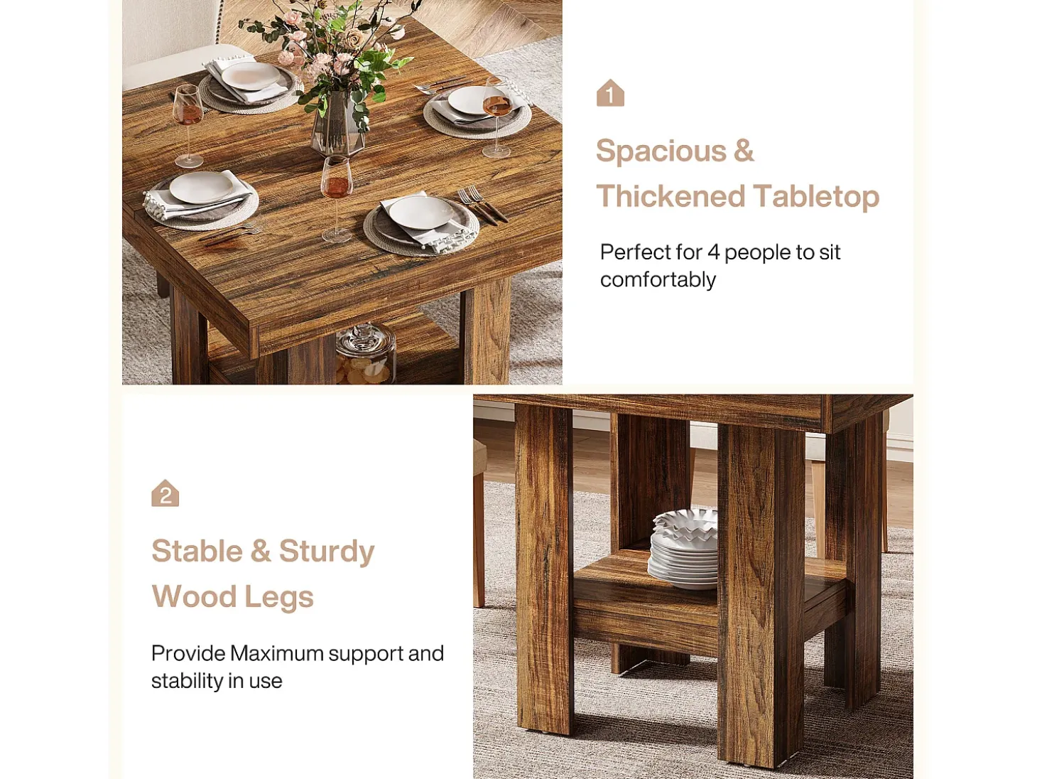 Mesa de comedor cuadrada para 4 personas, mesa de cocina pequeña con estante de almacenamiento, mueble de comedor compacto para apartamentos