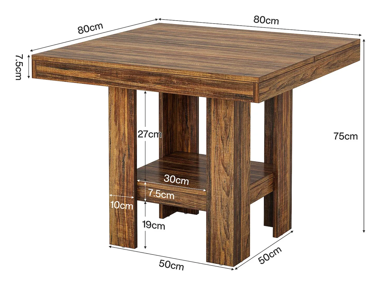 Mesa de comedor cuadrada para 4 personas, mesa de cocina pequeña con estante de almacenamiento, mueble de comedor compacto para apartamentos