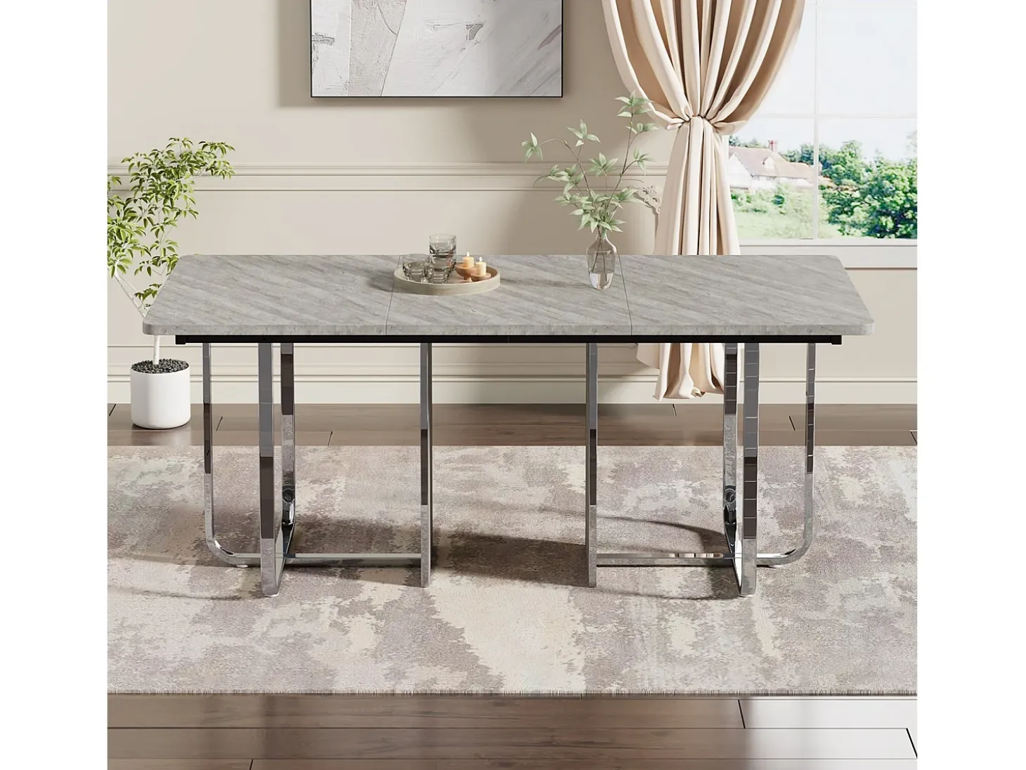 Mesa de comedor de 6 a 8 personas en MDF y metal - Gris y plata - Mesa de comedor rectangular - 180x80x75cm