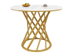 Mesa de comedor de 4 plazas - 80 x 80 x 76 cm - mesa redonda con patas de metal dorado - tablero de MDF jaspeado - MDF + metal - blanco