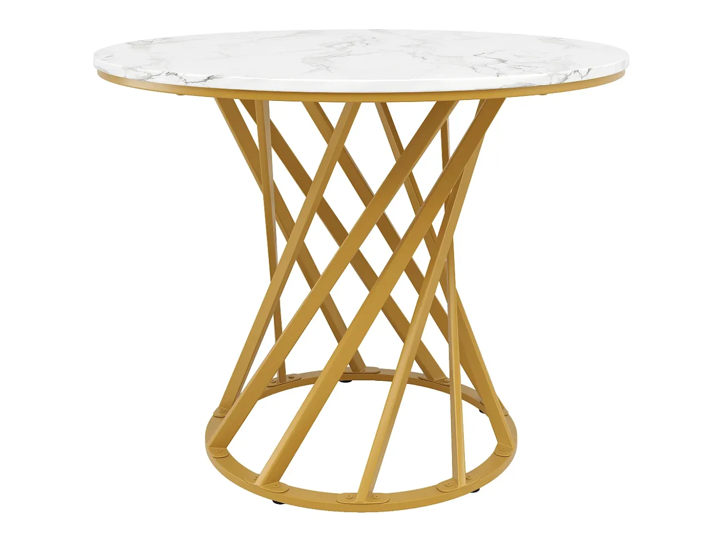 Mesa de comedor de 4 plazas - 80 x 80 x 76 cm - mesa redonda con patas de metal dorado - tablero de MDF jaspeado - MDF + metal - blanco