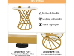 Mesa de comedor de 4 plazas - 80 x 80 x 76 cm - mesa redonda con patas de metal dorado - tablero de MDF jaspeado - MDF + metal - blanco