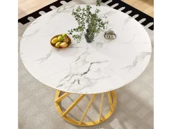 Mesa de comedor de 4 plazas - 80 x 80 x 76 cm - mesa redonda con patas de metal dorado - tablero de MDF jaspeado - MDF + metal - blanco