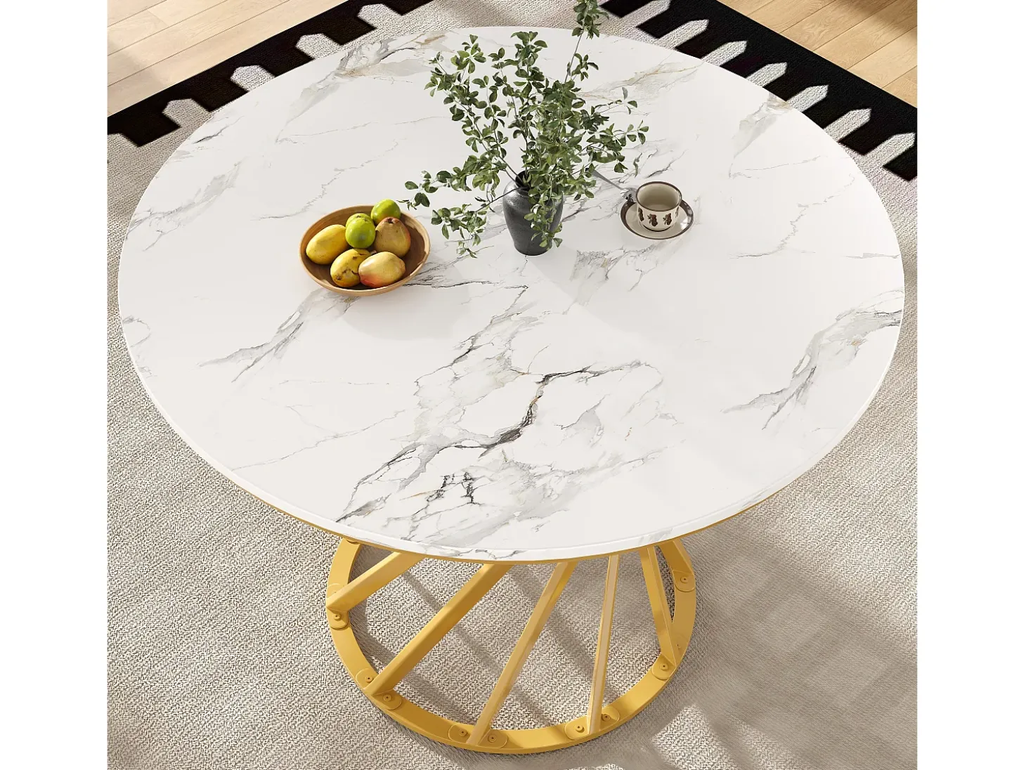 Mesa de comedor de 4 plazas - 80 x 80 x 76 cm - mesa redonda con patas de metal dorado - tablero de MDF jaspeado - MDF + metal - blanco