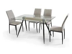 Mesa de Comedor de Cristal Templado - Patas Metálicas Negras y Travesaño de Madera | Diseño Moderno | 140x90 x 75 cm
