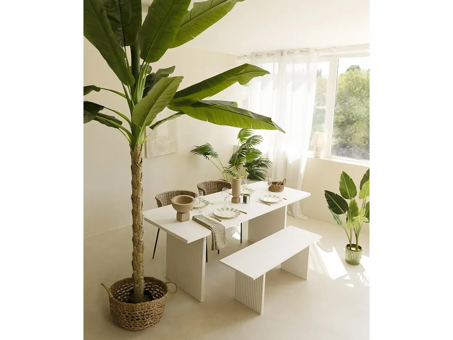 Mesa de comedor de madera de pino maciza rectangular con patas ranuradas Decowood de 180x80cm en tono blanco - BALI - DECOWOOD