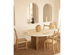 Mesa de comedor de madera maciza de abeto redonda Decowood en tono blanco en microcemento y pata en roble oscuro de Ø140x75cm - TOKYO - DECOWOOD