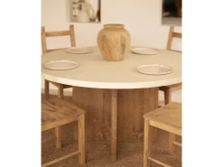 Mesa de comedor de madera maciza de abeto redonda Decowood en tono blanco en microcemento y pata en roble oscuro de Ø140x75cm - TOKYO - DECOWOOD