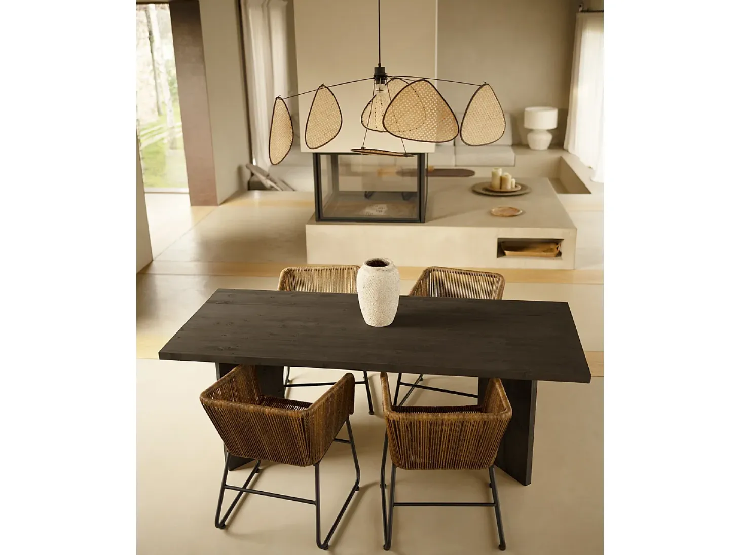 Mesa de comedor de madera maciza de abeto rectangular Decowood en tono negro de 200x75cm en tono negro - KYOTO - DECOWOOD