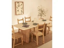 Mesa de comedor de madera de abeto maciza en microcemento rectangular Decowood de 160x75cm en tono blanco roto y patas tono roble oscuro - BIMBA - DECOWOOD
