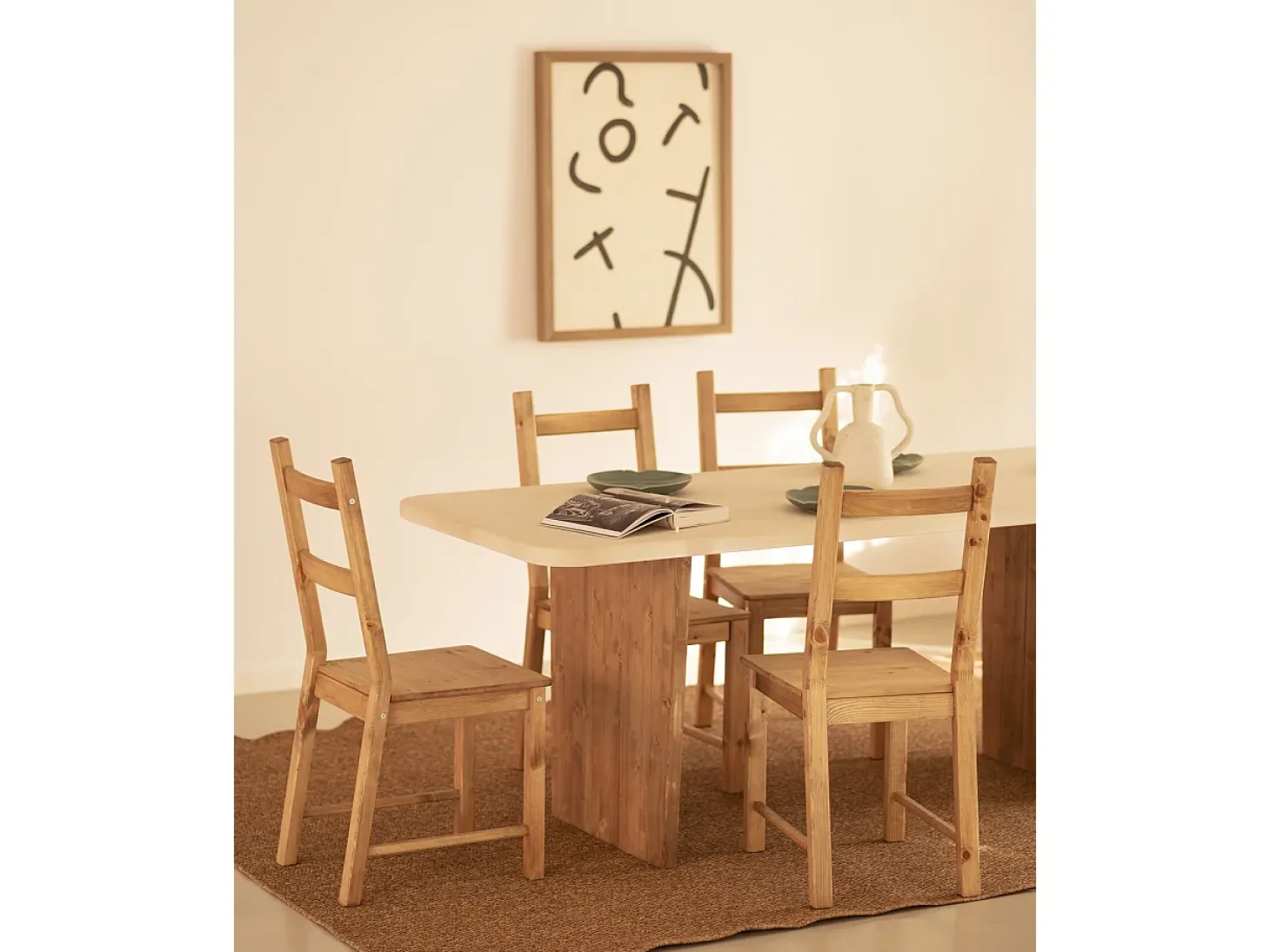 Mesa de comedor de madera de abeto maciza en microcemento rectangular Decowood de 160x75cm en tono blanco roto y patas tono roble oscuro - BIMBA - DECOWOOD