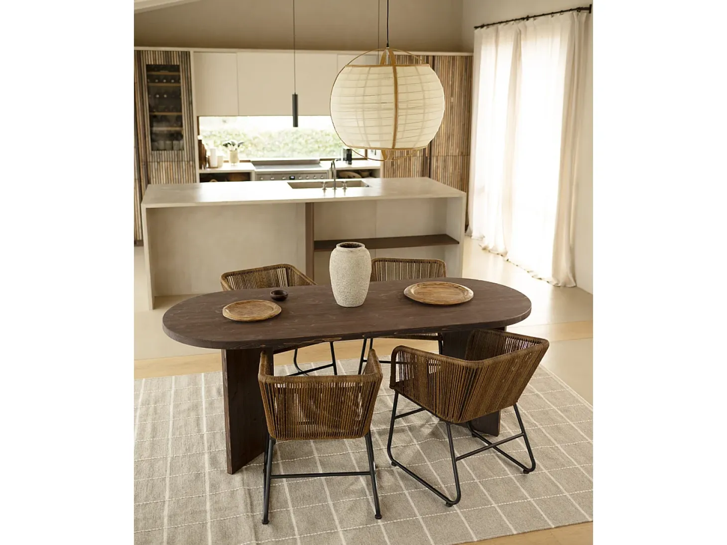 Mesa de comedor de madera maciza de abeto ovalada Decowood en tono nogal de 160x75cm en tono nogal - OSAKA - DECOWOOD