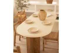 Mesa de comedor de madera maciza de abeto ovalada Decowood en tono blanco en microcemento y patas roble oscuro de 200x78cm - TOKYO - DECOWOOD