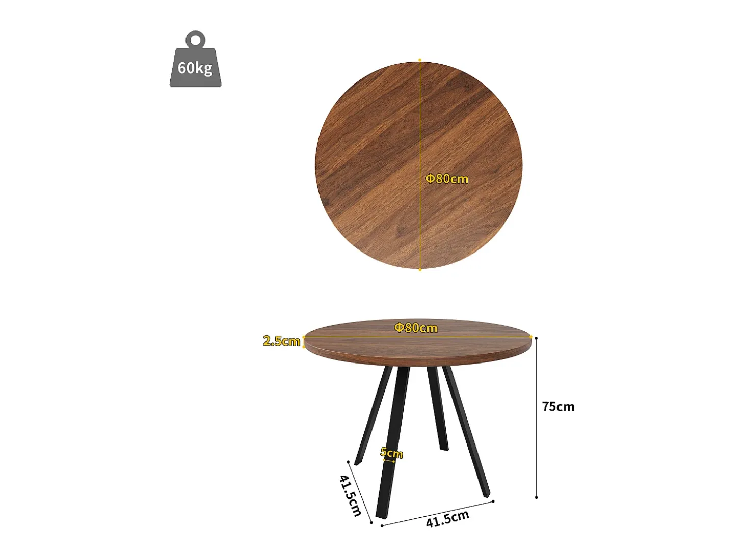 Mesa de comedor de nogal - Mesa de comedor con tablero de MDF y patas de metal negro - decoración estampada