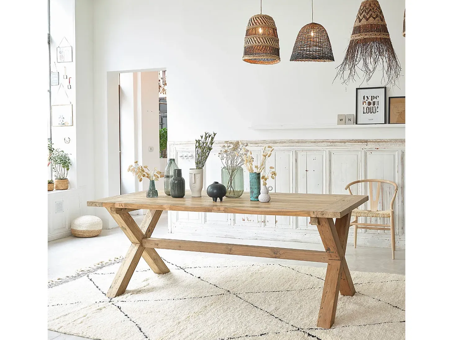 Mesa de comedor de teca reciclada maciza para 8 personas