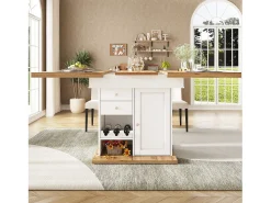 Mesa de comedor extensible 110-140×80cm - 4-6 personas - con 1 puerta y 2 cajones - con portavinos y estante para especias - Blanco
