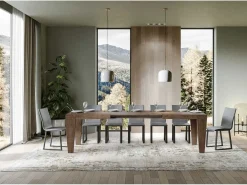 Mesa de comedor extensible de madera Kristo patas en V-Color Marrón-Base y soporte con ruedas-5 alargaderas finas-Ancho extensible