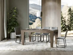 Mesa de comedor extensible de madera Kristo patas en V-Color Marrón-Base y soporte con ruedas-5 alargaderas finas-Ancho extensible