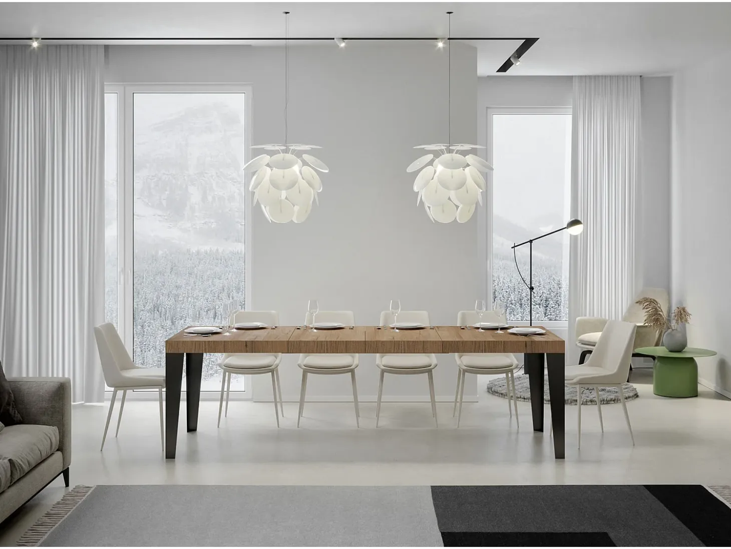Mesa de comedor extensible Flavio-Color Natural-Soporte 2 pies-Alargaderas -Ancho extensible