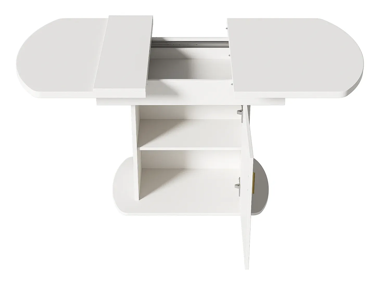 Mesa de comedor extensible ovalada para 4 a 6 cubiertos con estantes - L110/130xW70xH75cm - Tablero de partículas - Blanco + dorado