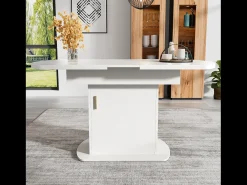 Mesa de comedor extensible ovalada para 4 a 6 cubiertos con estantes - L110/130xW70xH75cm - Tablero de partículas - Blanco + dorado