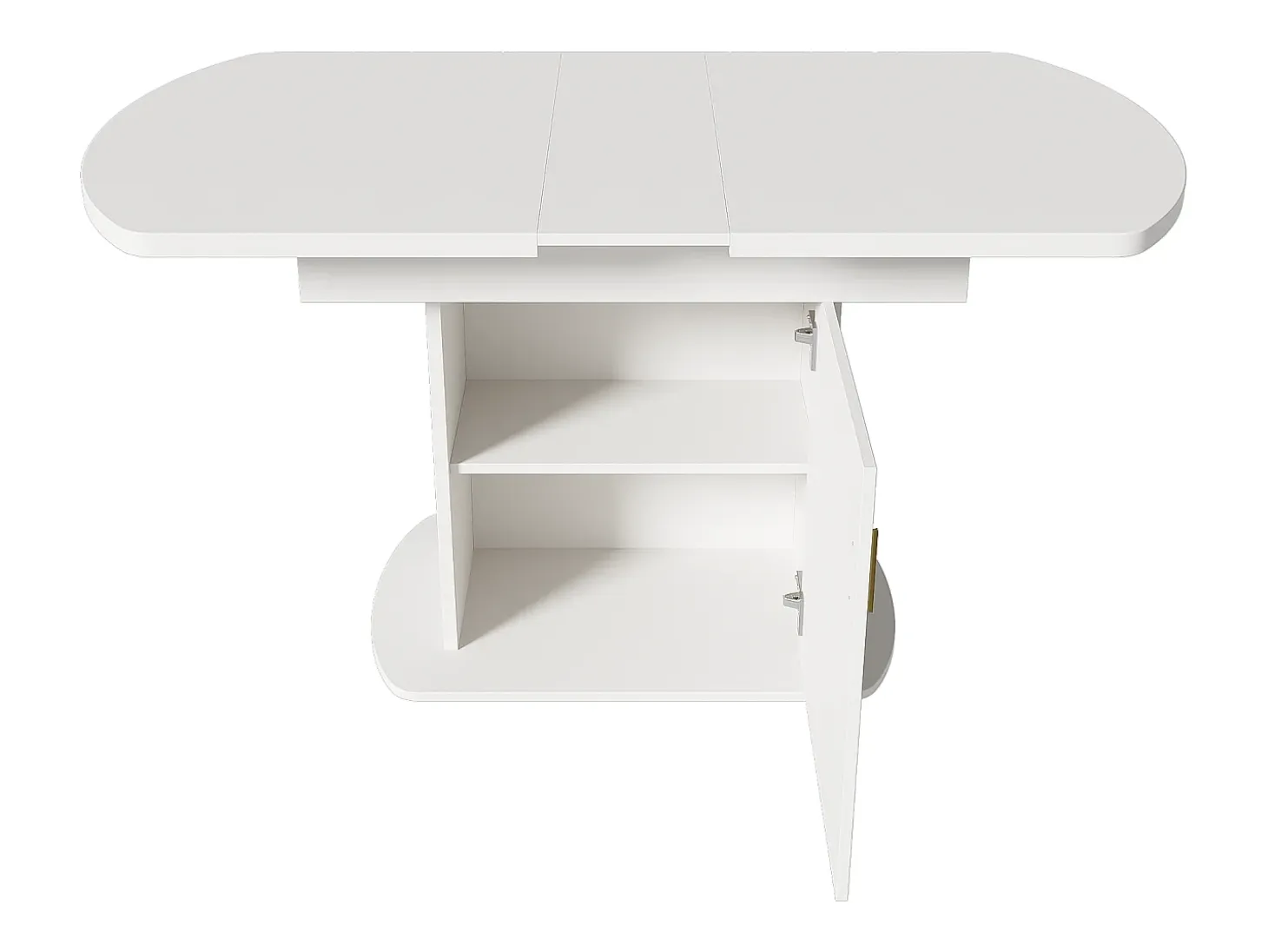 Mesa de comedor extensible ovalada para 4 a 6 cubiertos con estantes - L110/130xW70xH75cm - Tablero de partículas - Blanco + dorado