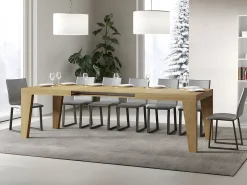 Mesa de comedor extensible de madera Naxo.-Color Natural-Soporte 2 pies-5 alargaderas finas-Ancho extensible