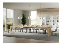 Mesa de comedor extensible de madera Naxo.-Color Natural-Soporte 2 pies-5 alargaderas finas-Ancho extensible