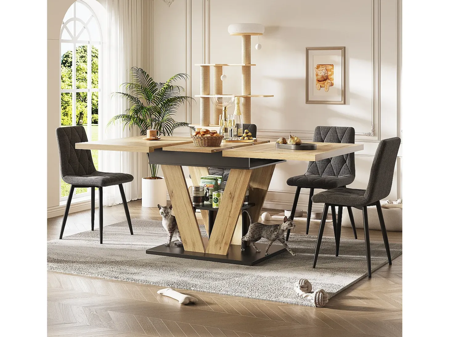 Mesa de comedor extensible 110/140x80x75 cm - Para 6 personas - MDF + metal - Natural
