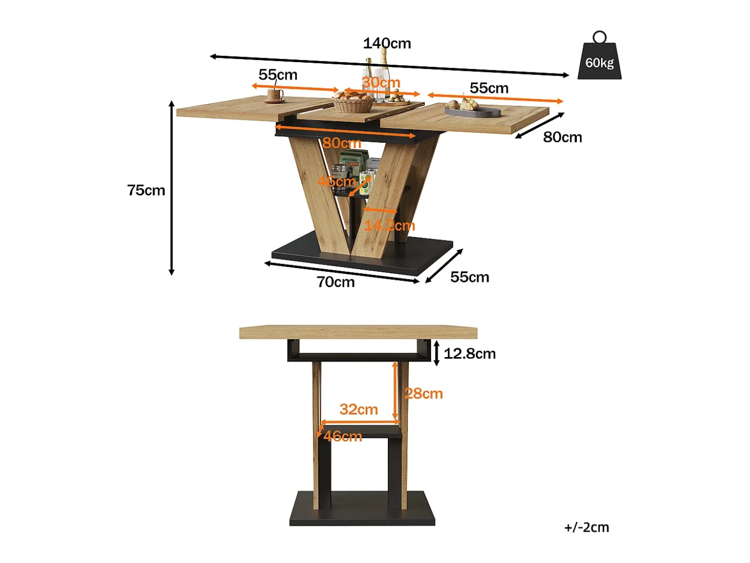 Mesa de comedor extensible 110/140x80x75 cm - Para 6 personas - MDF + metal - Natural