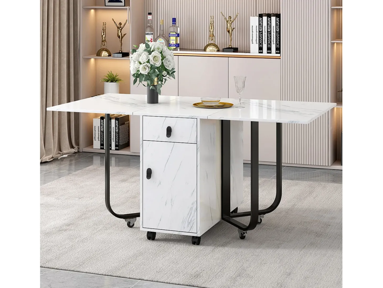 Mesa de comedor extensible y plegable, con ruedas, 1 puerta y 1 cajón, MDF lacado blanco, 150x80x76cm