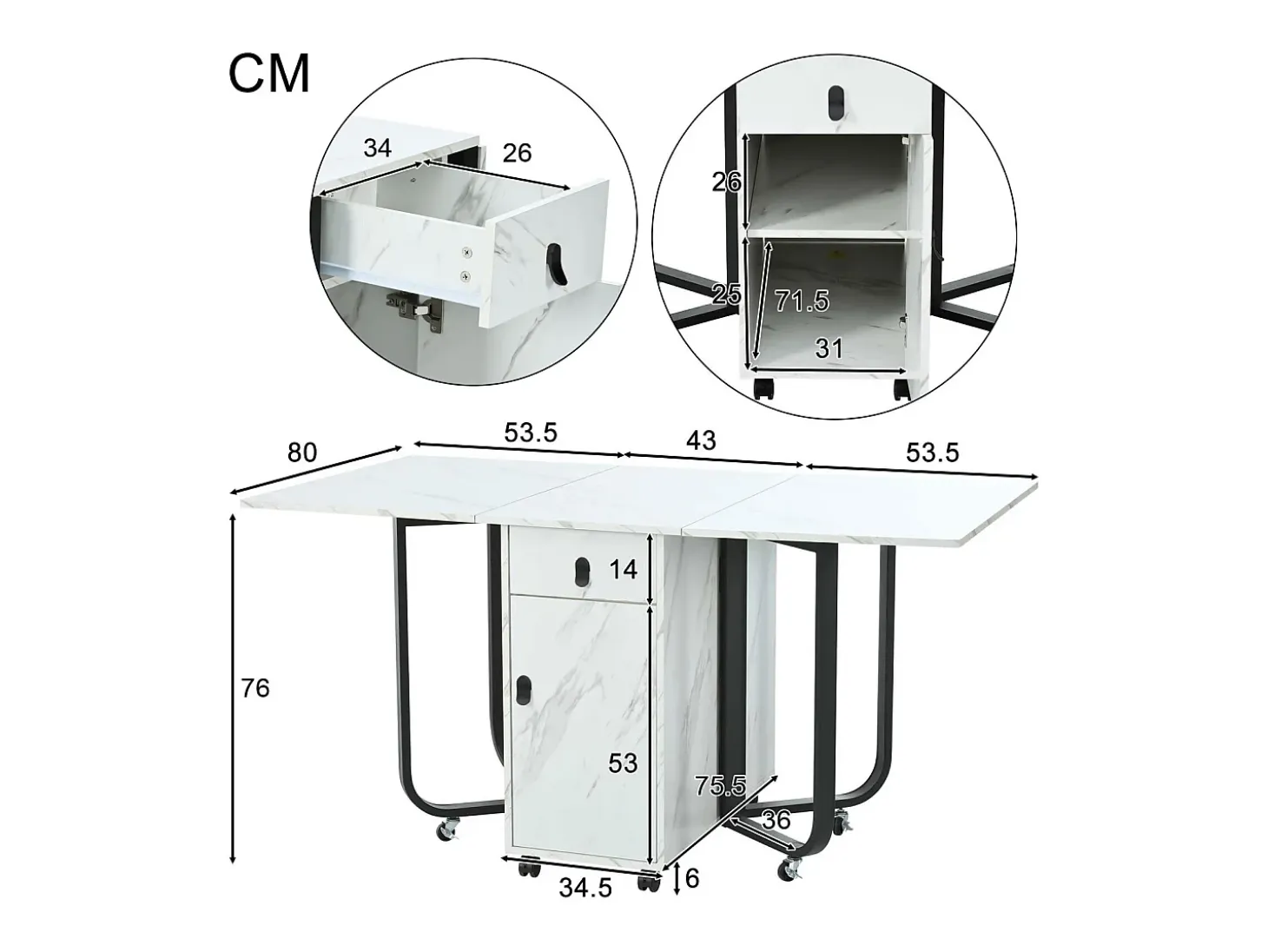 Mesa de comedor extensible y plegable, con ruedas, 1 puerta y 1 cajón, MDF lacado blanco, 150x80x76cm