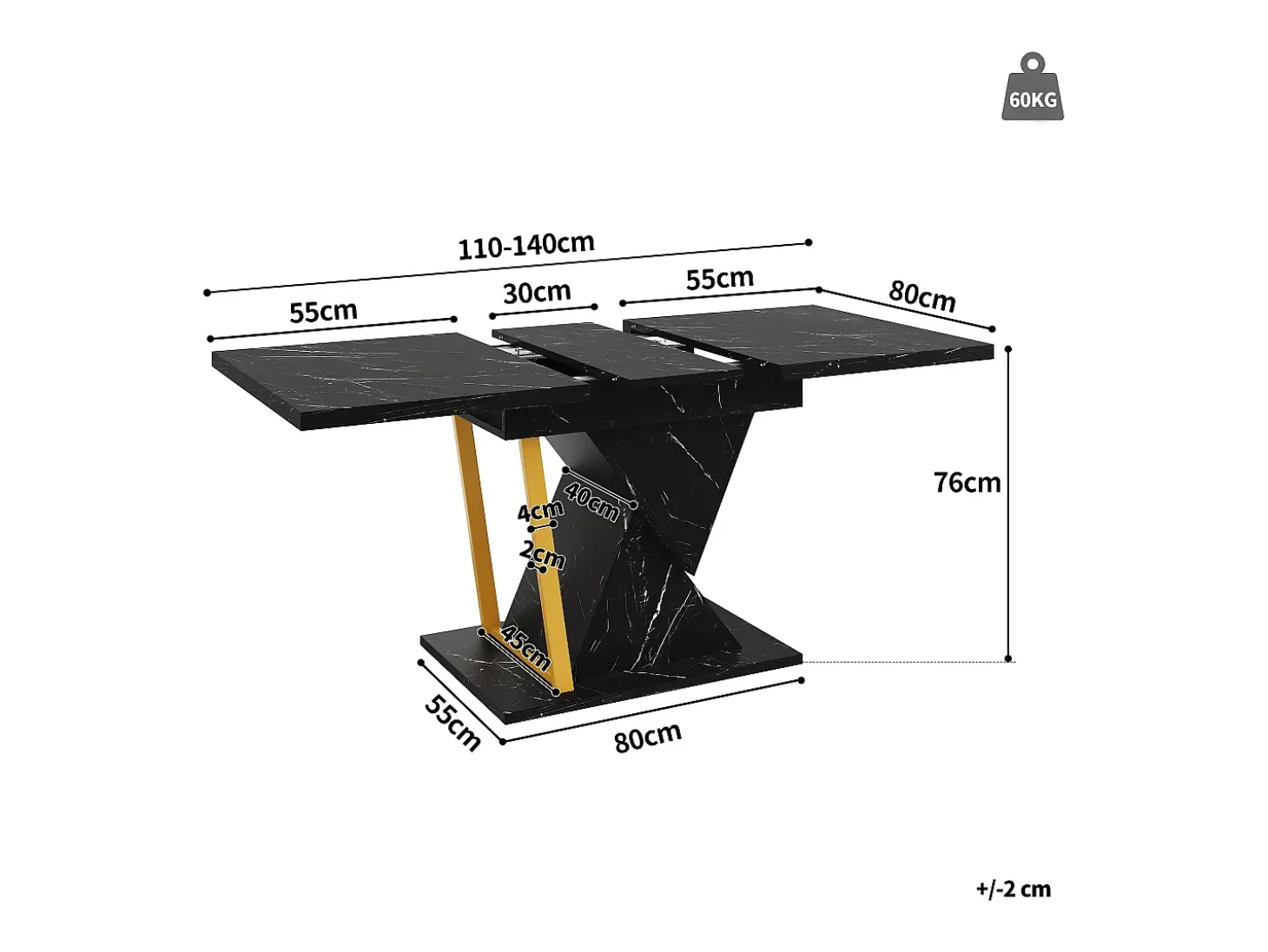 Mesa de comedor extensible para 4 a 6 personas - Tapa efecto mármol negro - Madera MDF