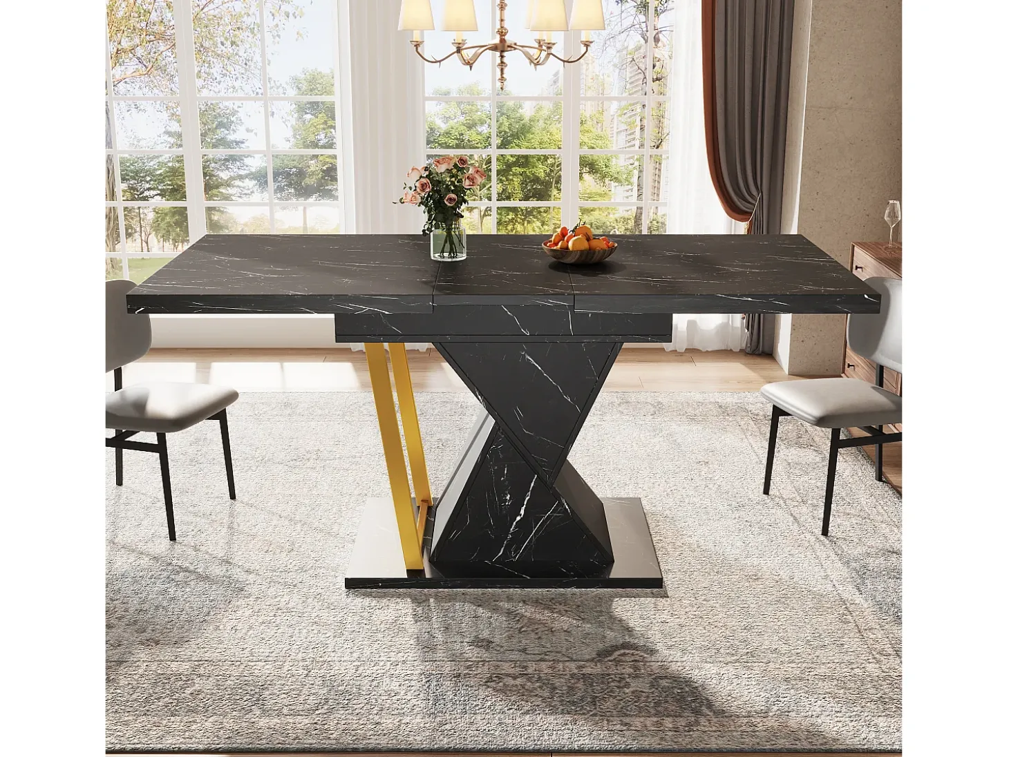 Mesa de comedor extensible para 4 a 6 personas - Tapa efecto mármol negro - Madera MDF