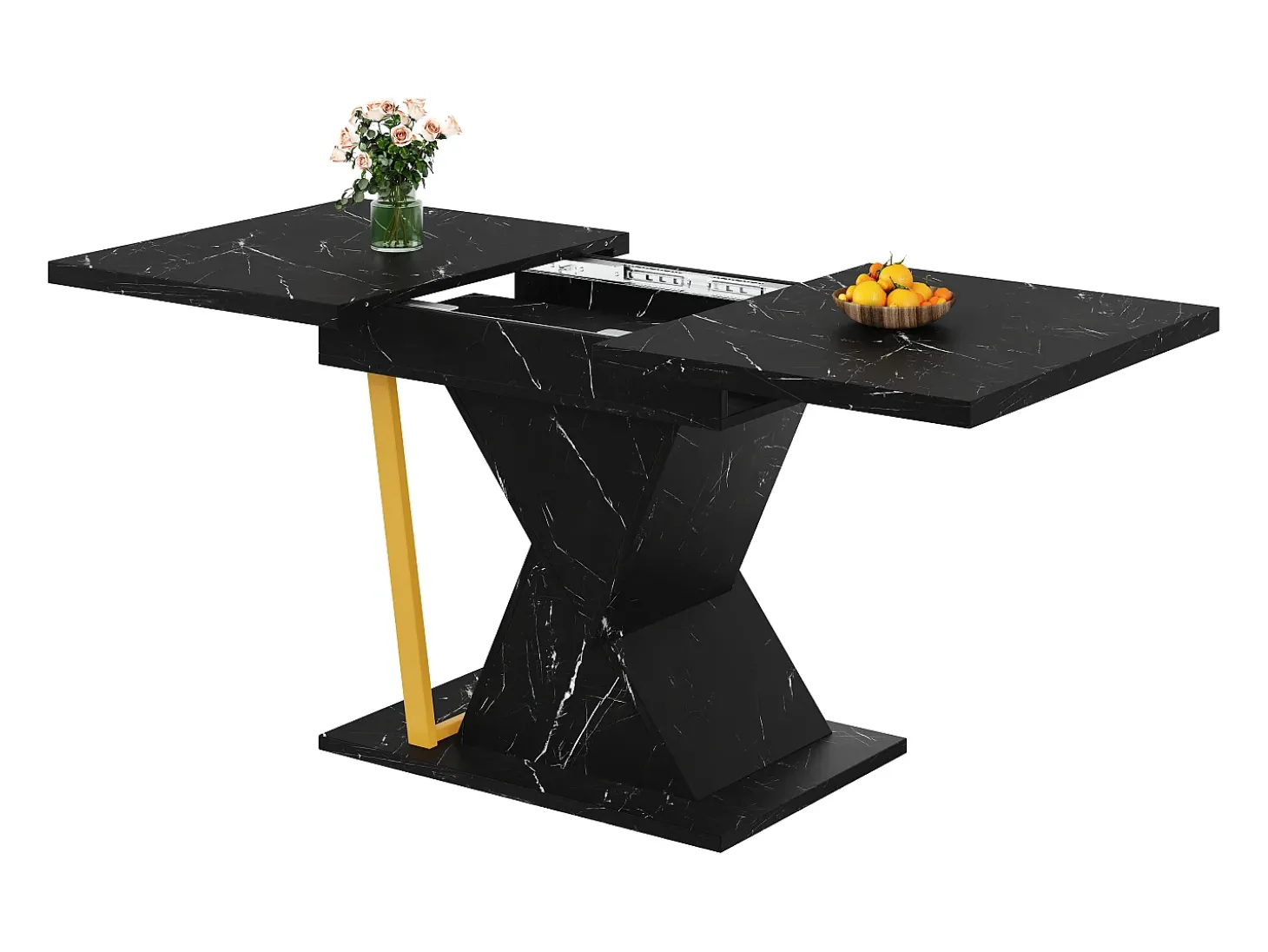 Mesa de comedor extensible para 4 a 6 personas - Tapa efecto mármol negro - Madera MDF
