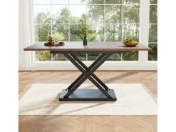 Mesa de comedor extensible (120-160x80 cm), Telescópica, con patas cruzadas negras, para cocina y salón, MDF, acabado madera nogal, diseño moderno