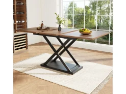 Mesa de comedor extensible (120-160x80 cm), Telescópica, con patas cruzadas negras, para cocina y salón, MDF, acabado madera nogal, diseño moderno