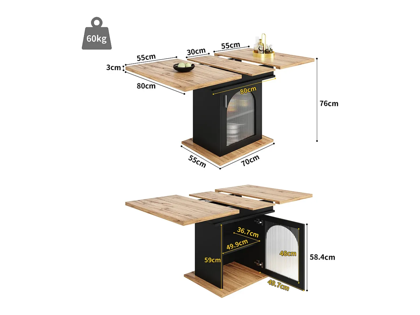 Mesa de comedor extensible - Tres estantes de almacenamiento integrados de altura regulable - 110/140×80×76 cm - Negro