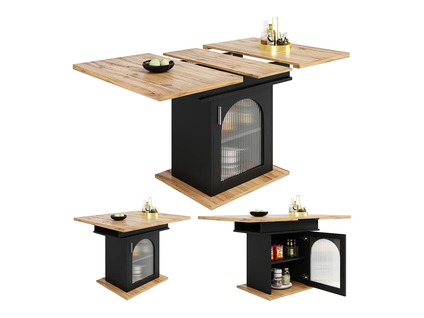 Mesa de comedor extensible - Tres estantes de almacenamiento integrados de altura regulable - 110/140×80×76 cm - Negro