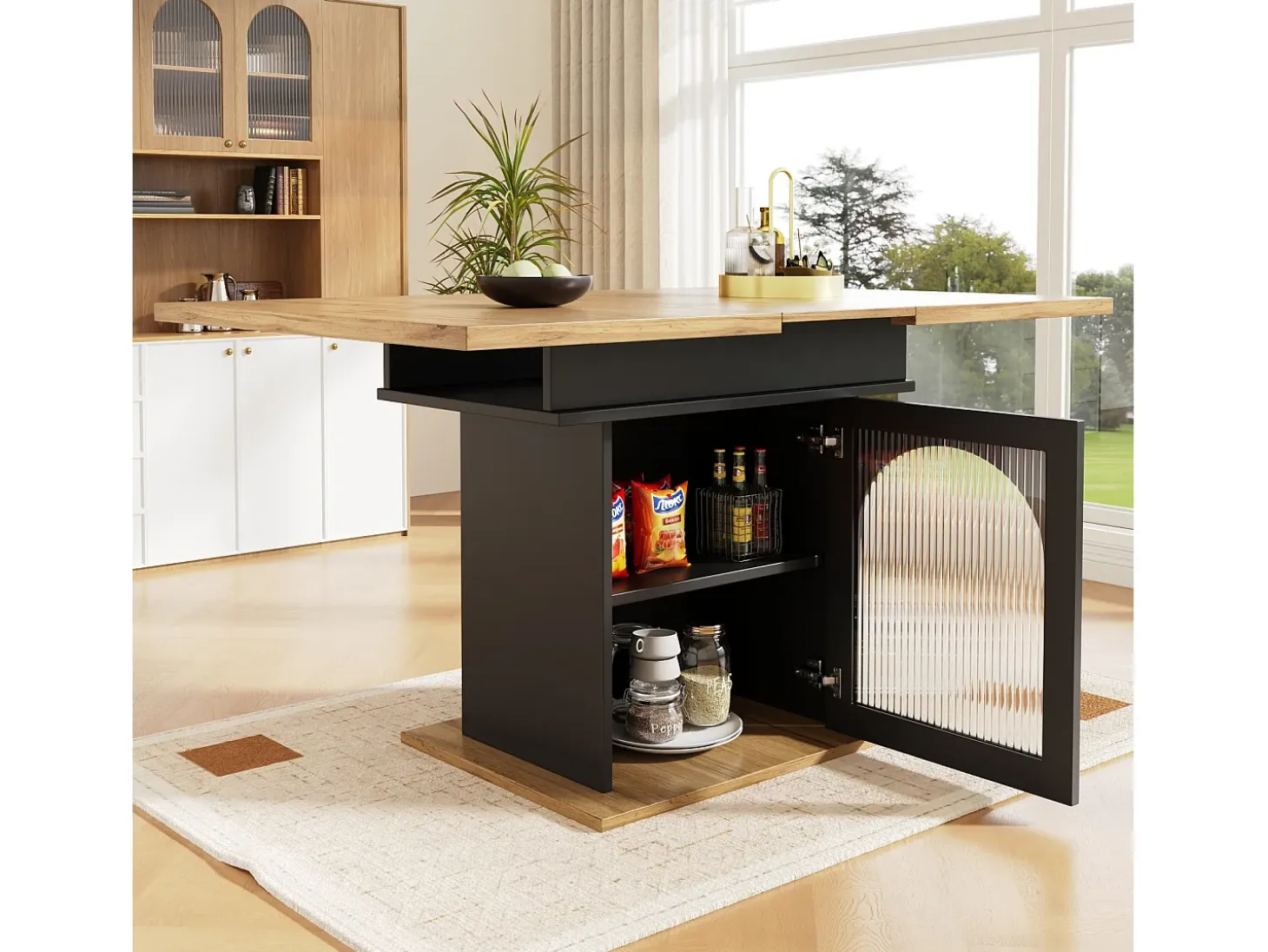 Mesa de comedor extensible - Tres estantes de almacenamiento integrados de altura regulable - 110/140×80×76 cm - Negro